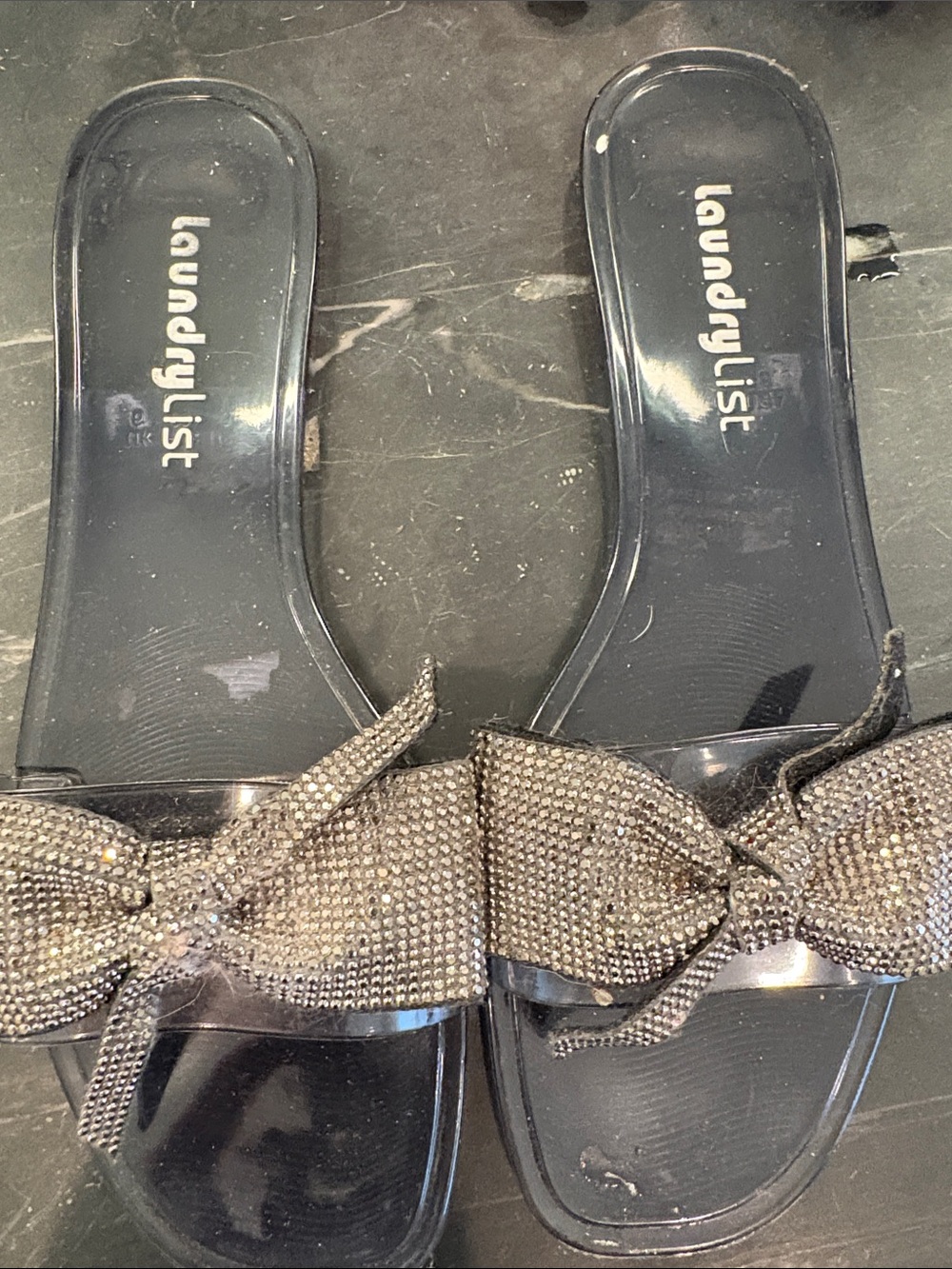 Laundry List  Black Jelly Slide Sandals with Rhinestone Bow
